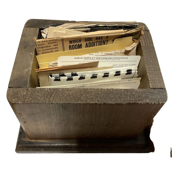 Vintage Wooden Recipe Box with Recipes from the 70s & Older 7.5"H X 6"W X 7.75"L - Picture 3 of 7